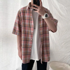 Men Casual Loose Lapel Single-Breasted Design Plaid Half-Sleeved Shirt