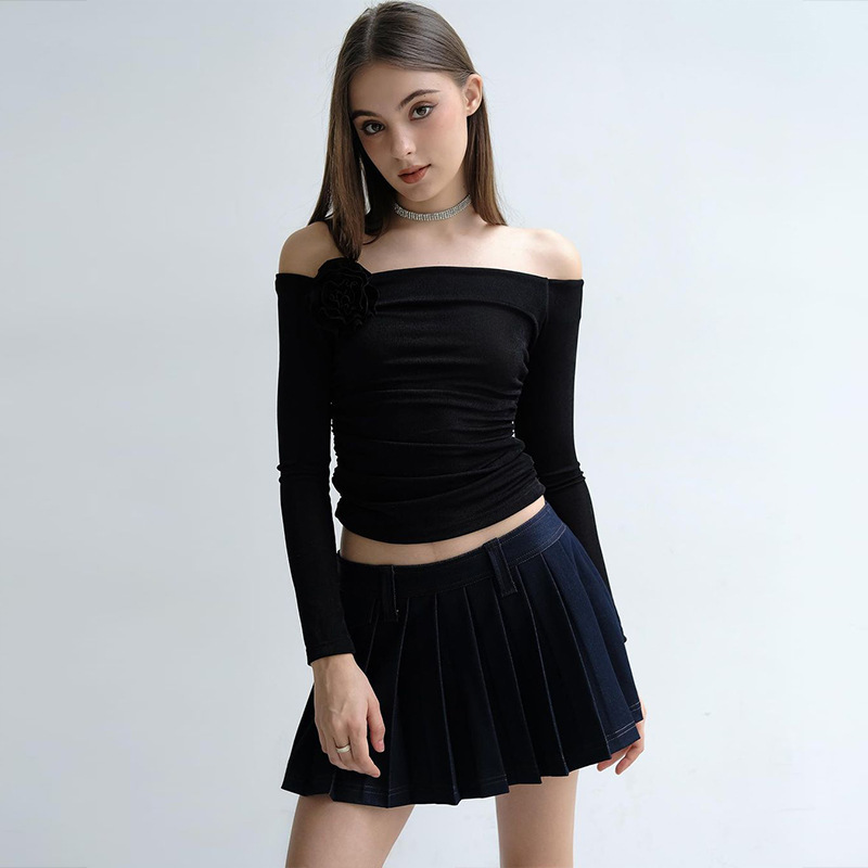 Women Summer Sexy Off-The-Shoulder Long Sleeve Tight-Fitting Pleated Top