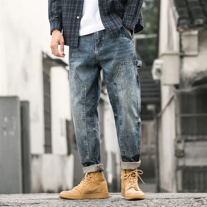 Men Autumn And Winter Retro Stitching Loose Mid-Waist Straight Jeans