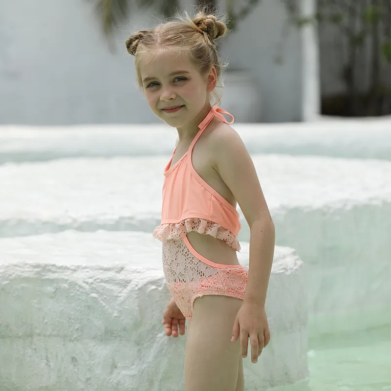 (Buy 1 Get 1) Children Kids Baby Fashion Girls Solid Color Lace One Piece Swimsuit