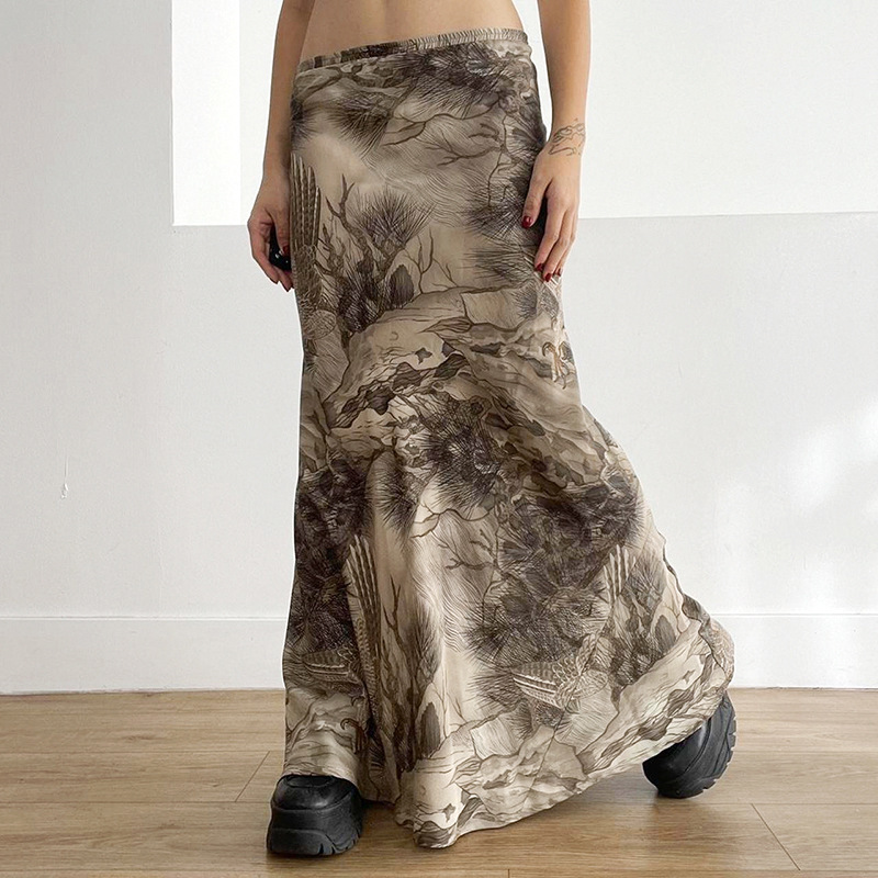 Women'S Fashion Vintage Printing Low Waist Loose Long Skirt