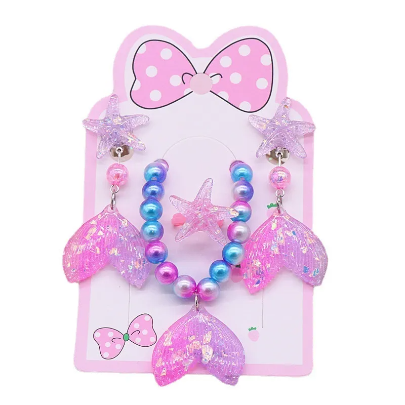 (Buy 1 Get 2) Children Kids Baby Fashion Girls Cartoon Fishtail Bead Necklace Bracelet Earrings Set