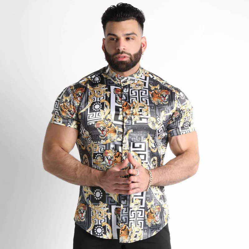 Men Casual Leopard Print Lapel Short Sleeve Slim Shirt