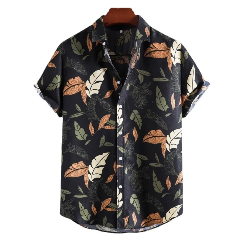 Men Fashion Multicolor Leaf Print Lapel Loose Short Sleeve Shirt