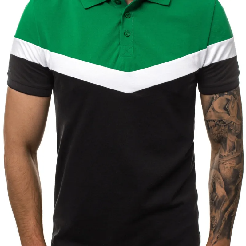 Men Fashion Casual Patchwork Colorblock Lapel Short Sleeve Slim Fit Polo Shirt