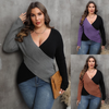 Casual Women Plus Size Winter Autumn Color Contrast V Neck Long Sleeve Cross Knitted Sweater