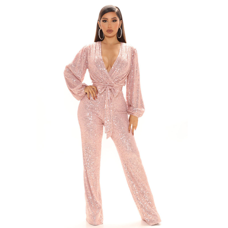 Women Solid Color V-Neck Long Sleeve Waist Sequin Fashion Jumpsuit