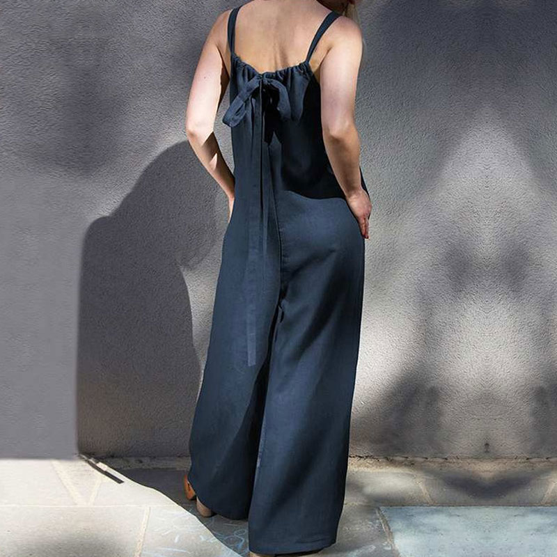 Women Fashion Sling Backless Lace-Up Loose Jumpsuits