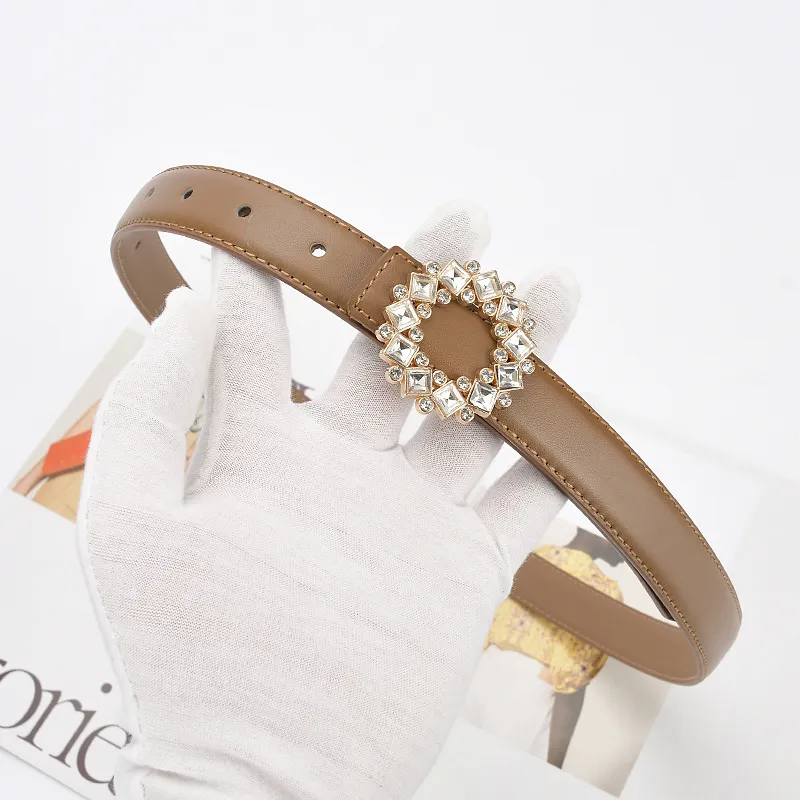 Women'S Fashion Casual Rhinestone Round Alloy Buckle Leather Belt