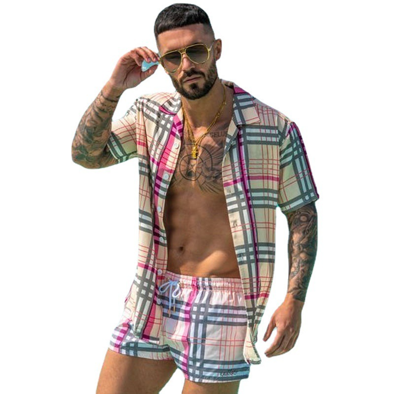 Men Casual Colorblock Plaid Print Lapel Short Sleeve Shirt Loose Tie Shorts Set