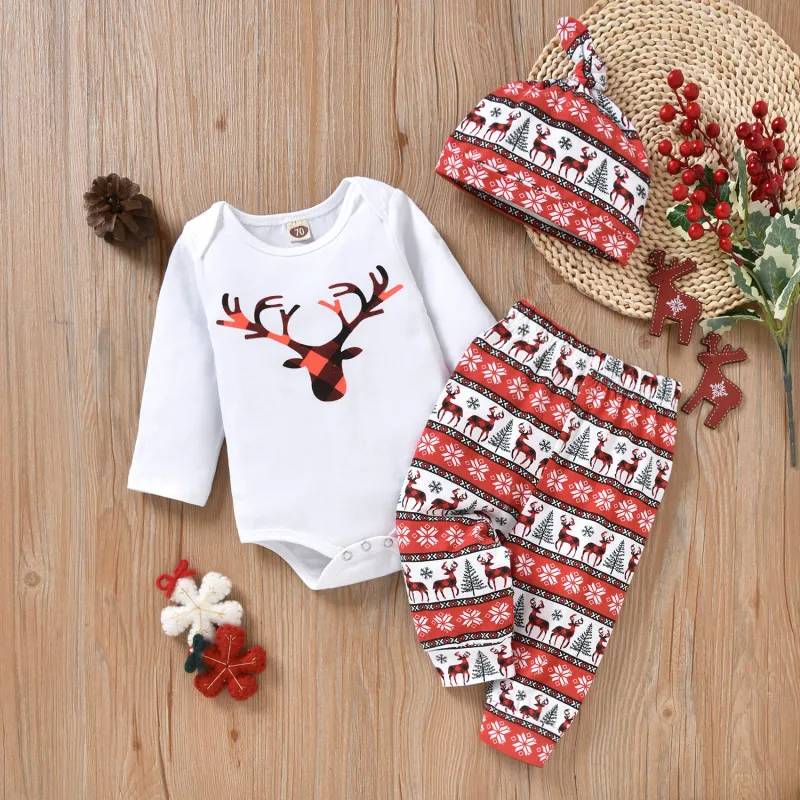 Kids Baby Boys Girls Fashion Casual Christmas Deer Round Neck Long Sleeve Romper Trousers Sets