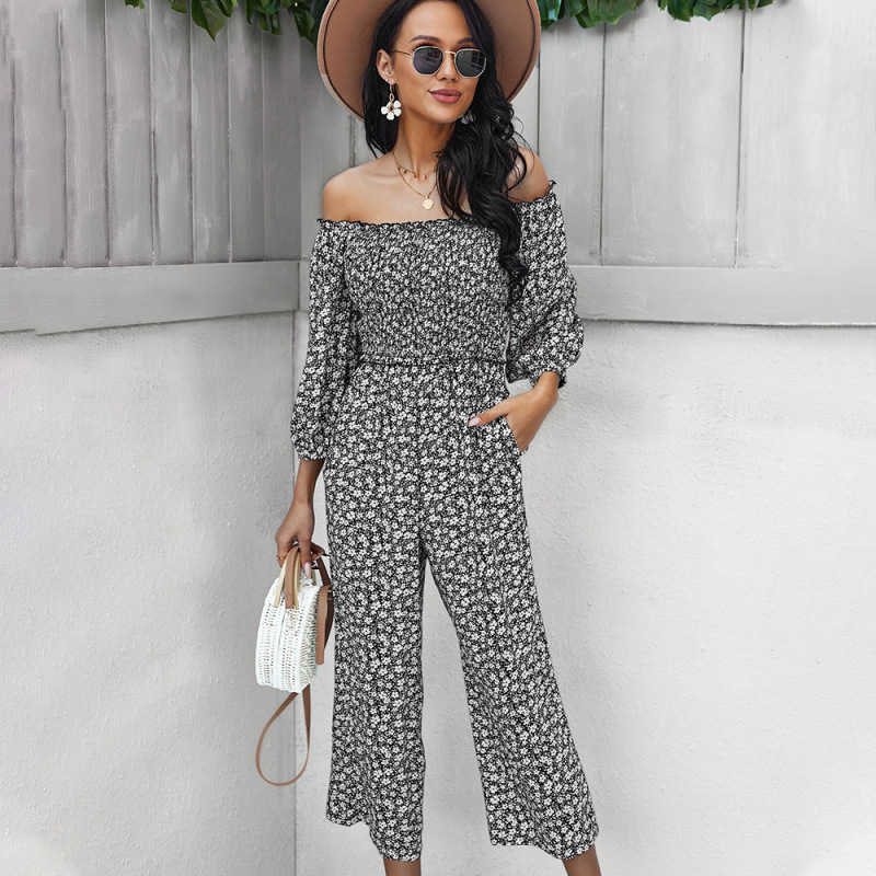 Women Vacation Long Sleeve Printed Pleated Waist Fashion Wide Leg Jumpsuit