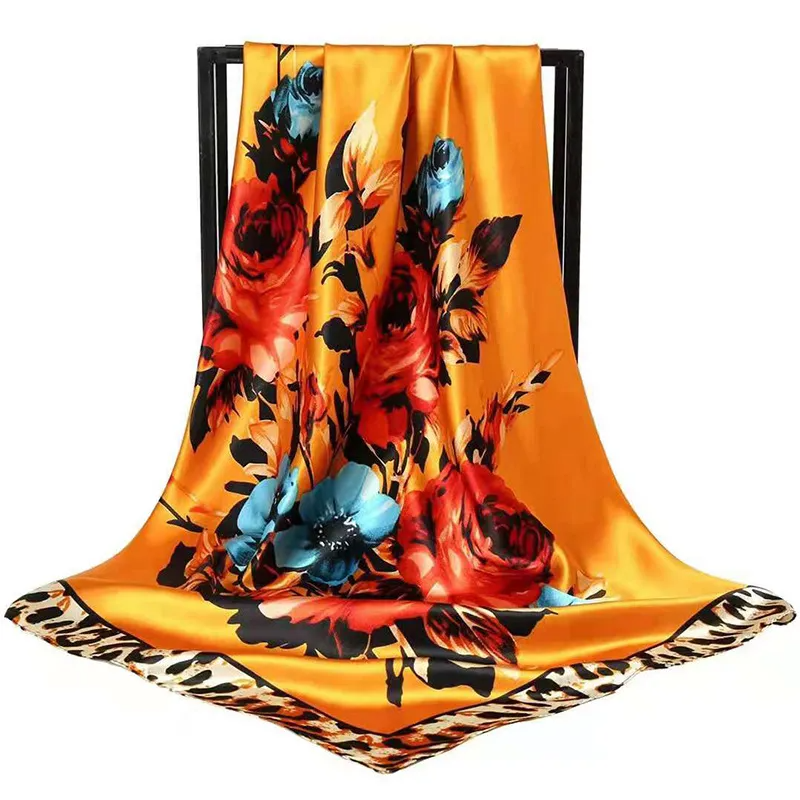 (Buy 1 Get 2) 90*90Cm Women'S Fashion Scarf Rose Print Large Square Scarf