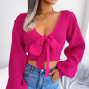 Women Fashion Bowknot V-Neck Lantern Sleeve Cropped Solid Knitted Sweater