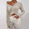 Women Fashion Casual Basic Solid Color Rib-Knitted Long Sleeve V Neck Buttoned Cardigan Sweater