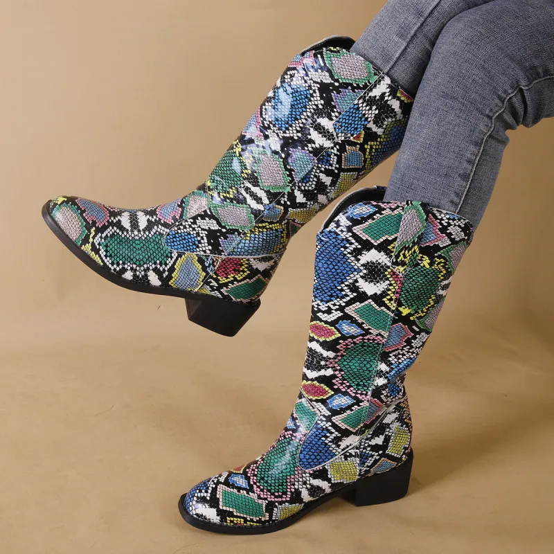 Women Fashion Plus Size Snake Print Round Toe Mid-Calf Boots