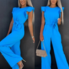 Women Round Neck Lotus Leaf Sleeve Waist Bandage Jumpsuit