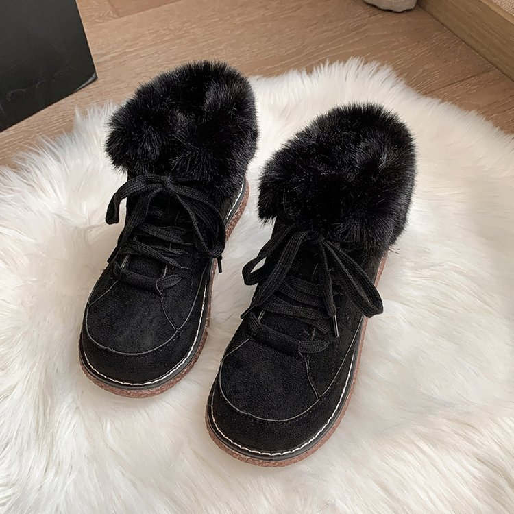 Winter Women Fashion Lace-Up Velvet Warm Solid Color Round Toe Flat Snow Boots