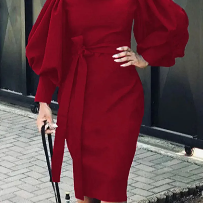 Women Fashion Solid Color Lantern Sleeve Dress