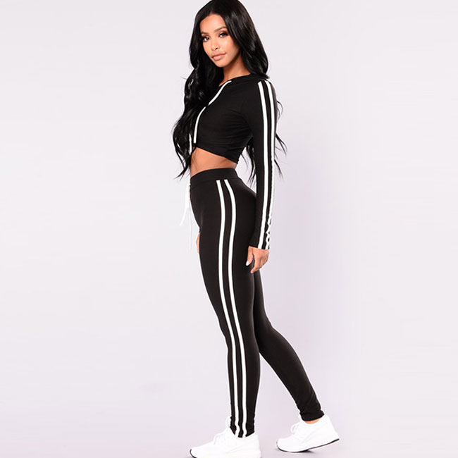 Hooded Lace-Up Long-Sleeve Crop Top And Tight Leggings Two-Piece Sets