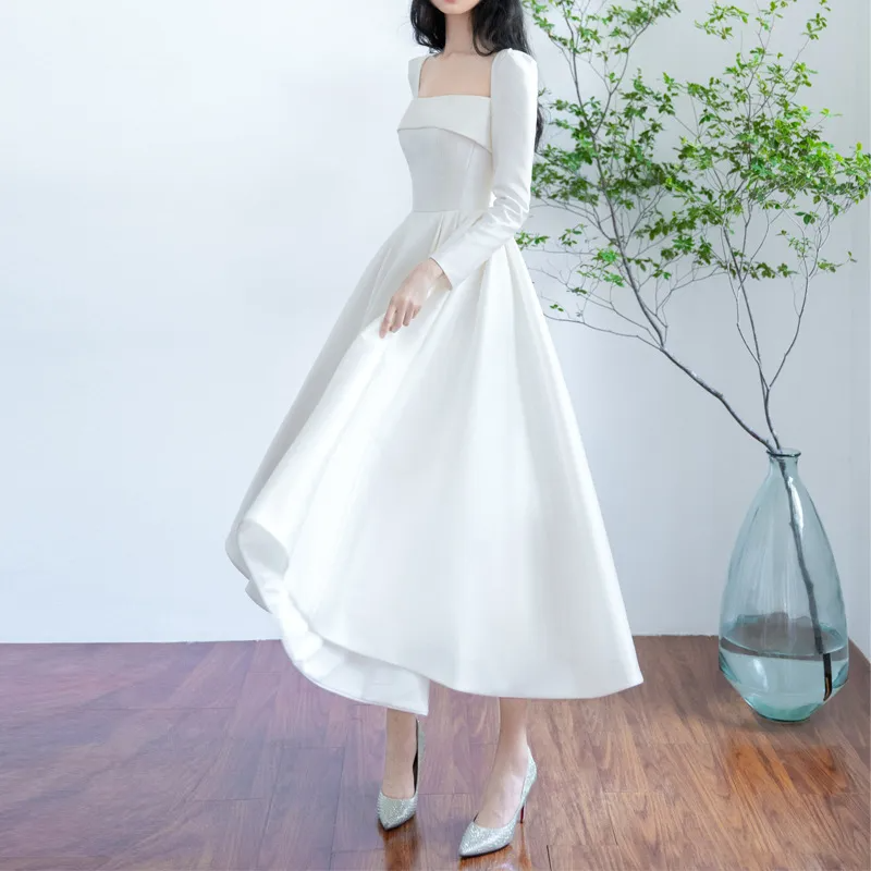 Women Simple Hepburn Style Satin Light Long Sleeve Wedding Dress