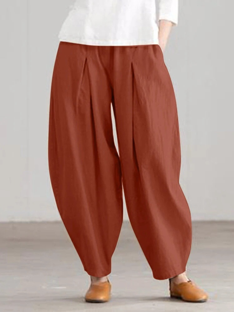 Women'S Fashion Casual Cotton Linen Elastic Waist Harem Wide Leg Pants