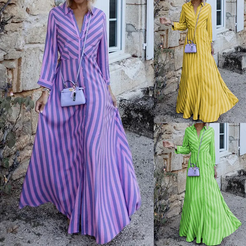 Women Ramadan /Eid Fashion Casual Stripe Long Sleeve Maxi Dress