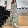 Women'S Fashion Casual Leaf Printing Boat Neck Elastic-Waist Long Dress