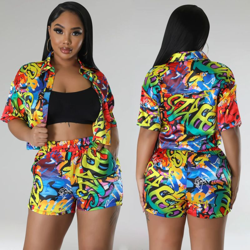 Women'S Fashion Printing Casual Lapel Single-Breasted Short Sleeve Two-Piece Set