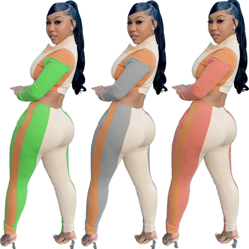 Women Athleisure Color Blocking Long Sleeve Zipper Top And Skinny Pants Sports Set