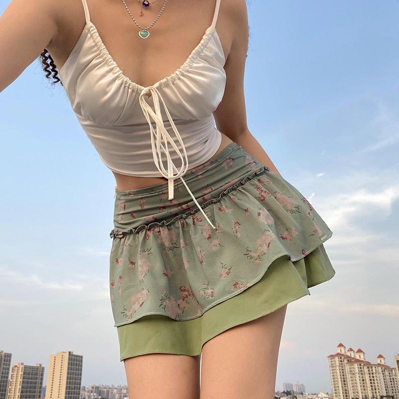 Women'S Fashion Casual Tiny Flower Printing Tiered Skirt