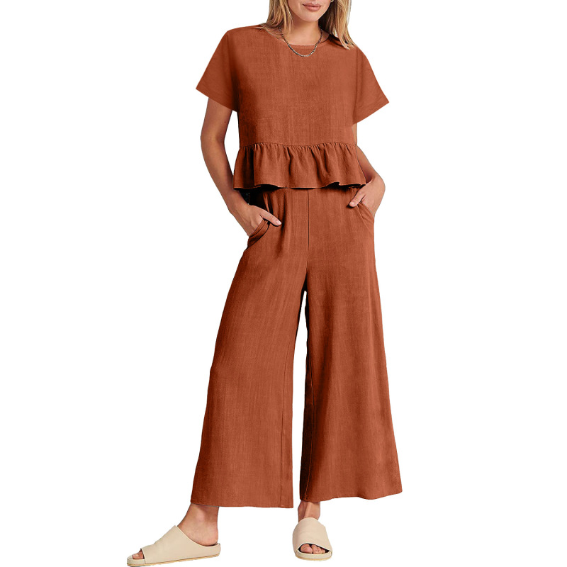 Solid Color Women Fashion Ruffle Short Sleeve Top Casual Pants Set