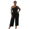 Plus Size Women Solid Color One-Shoulder Sleeveless Waist Wide-Leg Jumpsuit