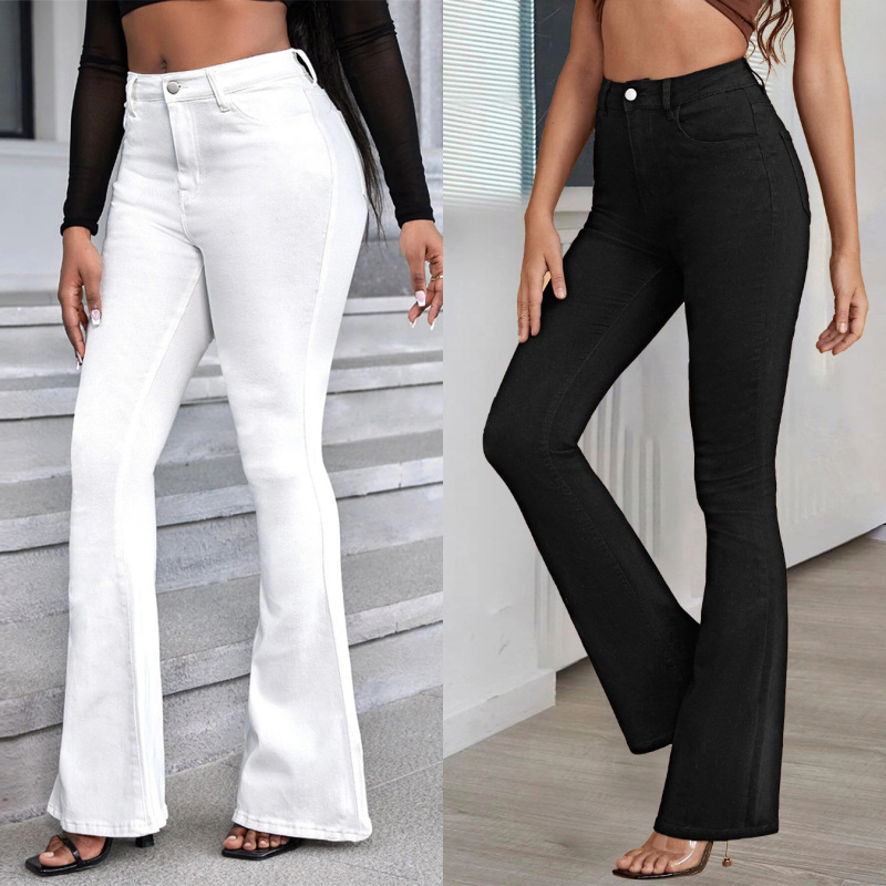 Women Fashion Slim Fit Solid Color High Elastic Flared Jeans