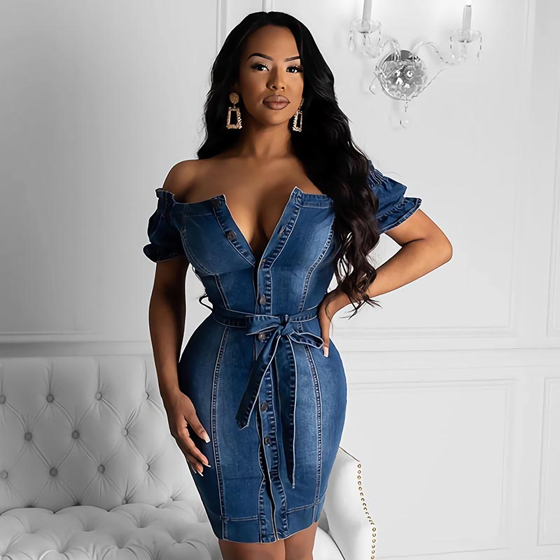 Women Single-Breasted Off-The-Shoulder Bodycon Denim Dress