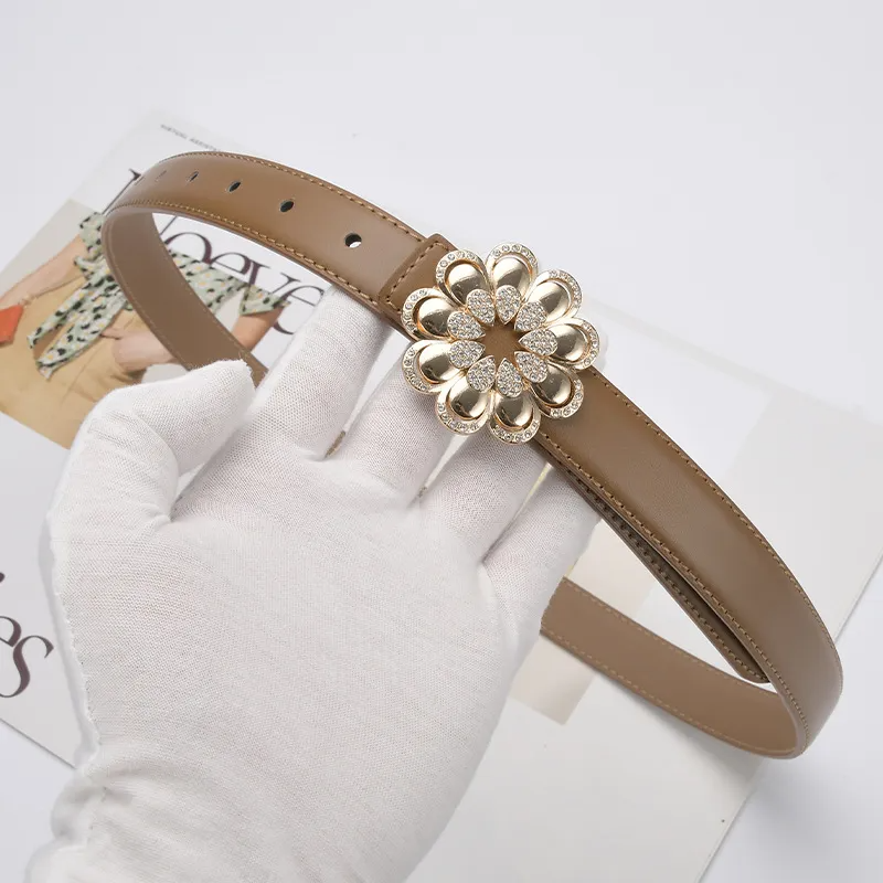 Women'S Casual Fashion Rhinestone Flower Alloy Pin Buckle Leather Belt