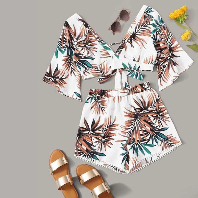 Summer Vacation Leaf Printed V-Neck Short-Sleeved Cropped Blouse Shorts Two-Piece Casual Set