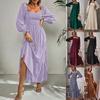 Women Ramadan /Eid Fashion Solid Color Square Collar Long Sleeve Ruffled High Waist Maxi Dress