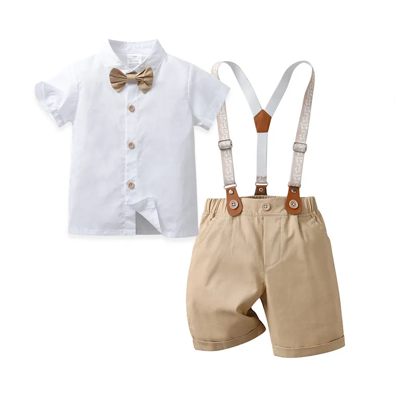 Kids Toddler Boys Summer Fashion Casual British Style Bow Lapel Shirt Suspender Trousers Boys Party Clothing Set