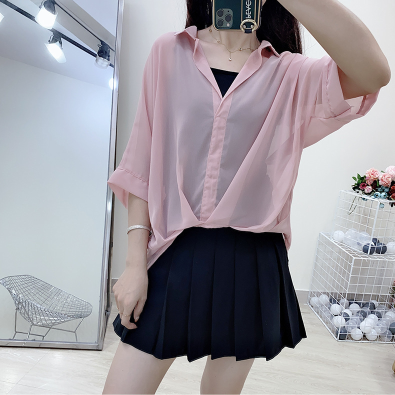 Women Fashion Solid Color Pullover See-Through Chiffon Blouse Black Camis Two-Piece Set