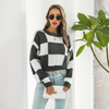 Women Simple Long Sleeve Plaid Jacquard Loose Knit Sweater