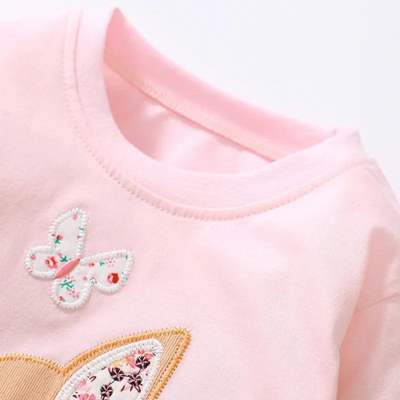 ( Buy 1 Get 1 )  Kids Toddler Big Girls Fashion Casual Cute Butterfly Fawn Embroidery Round Neck Long Sleeve T-Shirt