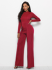 Women Solid Color Round Neck Long Sleeve Waist Slim Fashion Wide Leg Jumpsuit