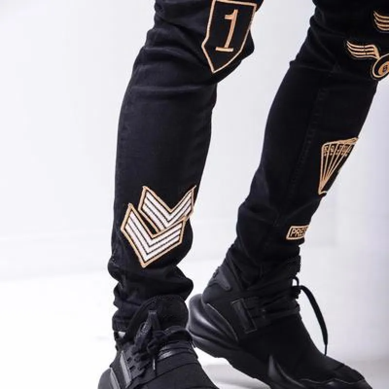 Men Fashion Patch Embroidery Stretch Slim Fit Pants