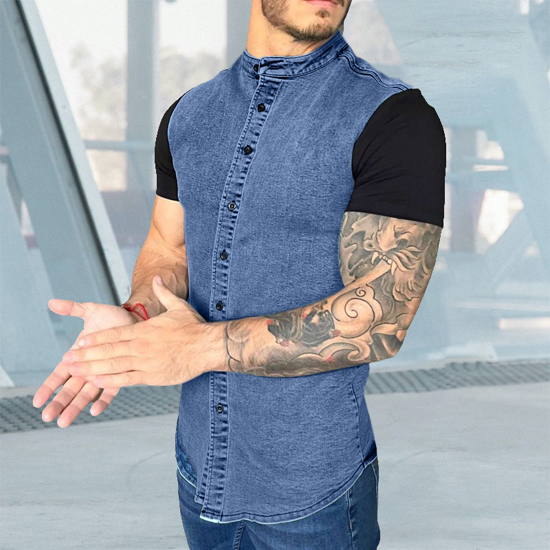 Men'S Fashion Stand Collar Imitation Denim Stitching Shirt