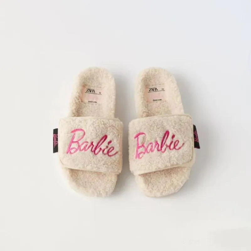 Women Fashion Cute Pink Letter Thick-Soled Lamb Wool Slippers