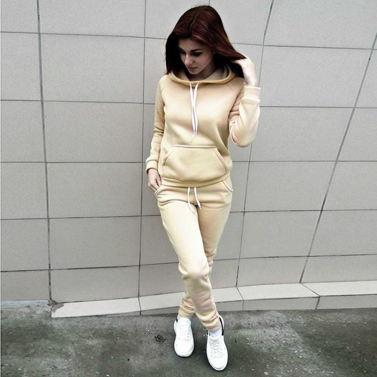 Women Fashion Cacsual Solid Color Pocket Hoodies Drawstring Defined Waist Pants Sports 2pcs Set