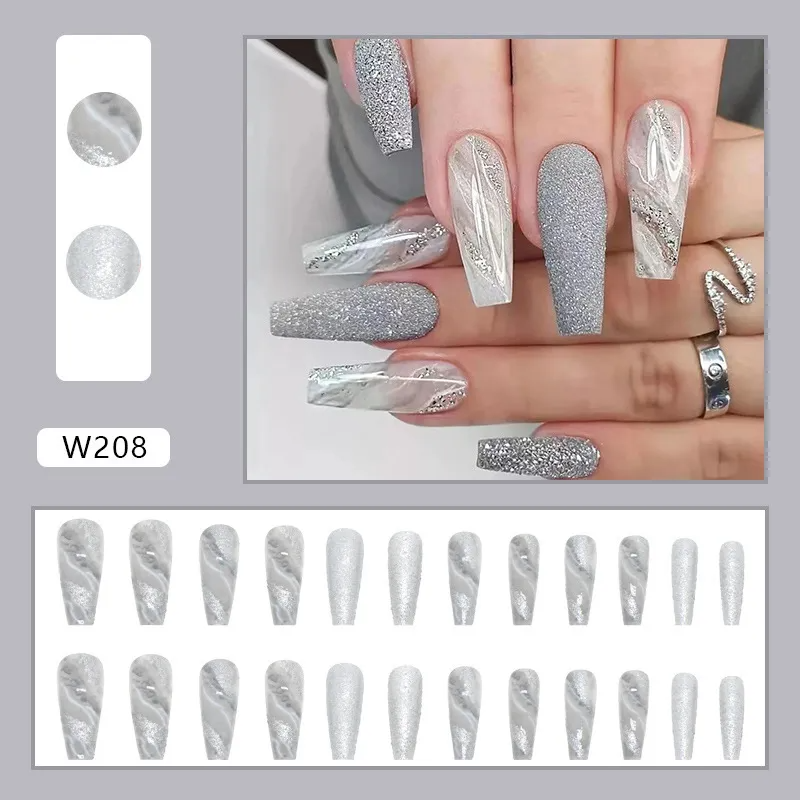 (Buy 1 Get 2) Women'S Fashion Long Gray Marble Pattern Blast False Nails