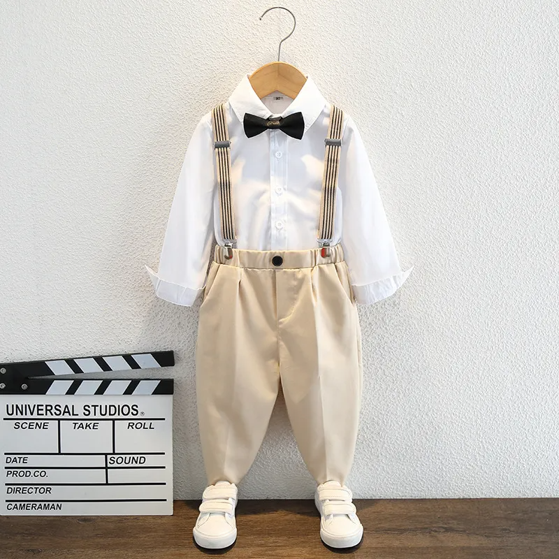 Kids Toddler Big Boys Spring Autumn Fashion Casual British Style Bow Shirt Suspender Trousers Party Clothing Set