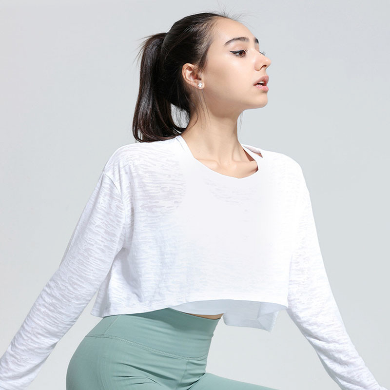 Women Casual Loose Breathable Solid Color Long Sleeve Sports Crop Top